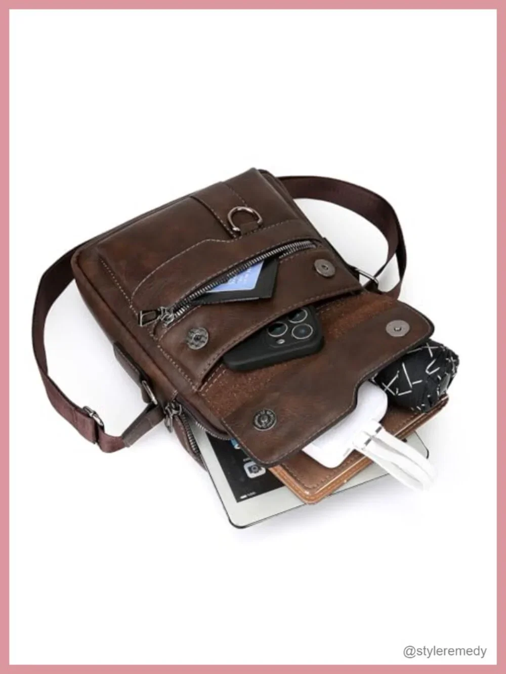 Leather Sling Bag Messenger Bag Crossbody Shoulder Bag with Multiple Pockets